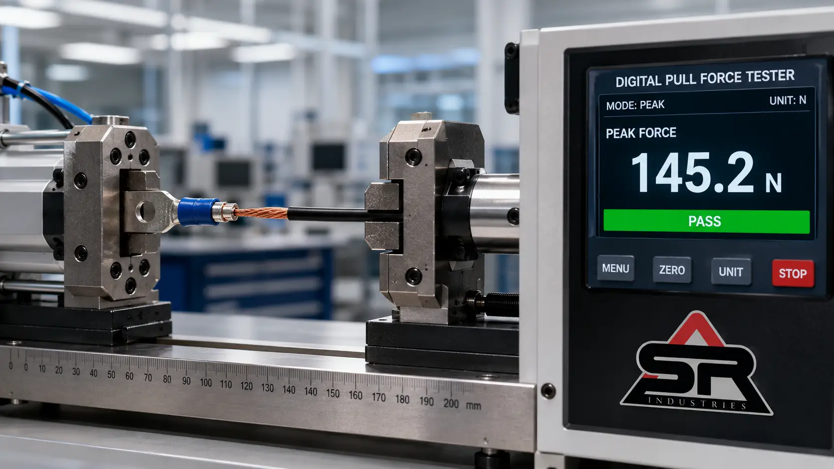 Calibrated digital pull force tester bench machine executing a destructive tensile test on a wire crimped terminal.
