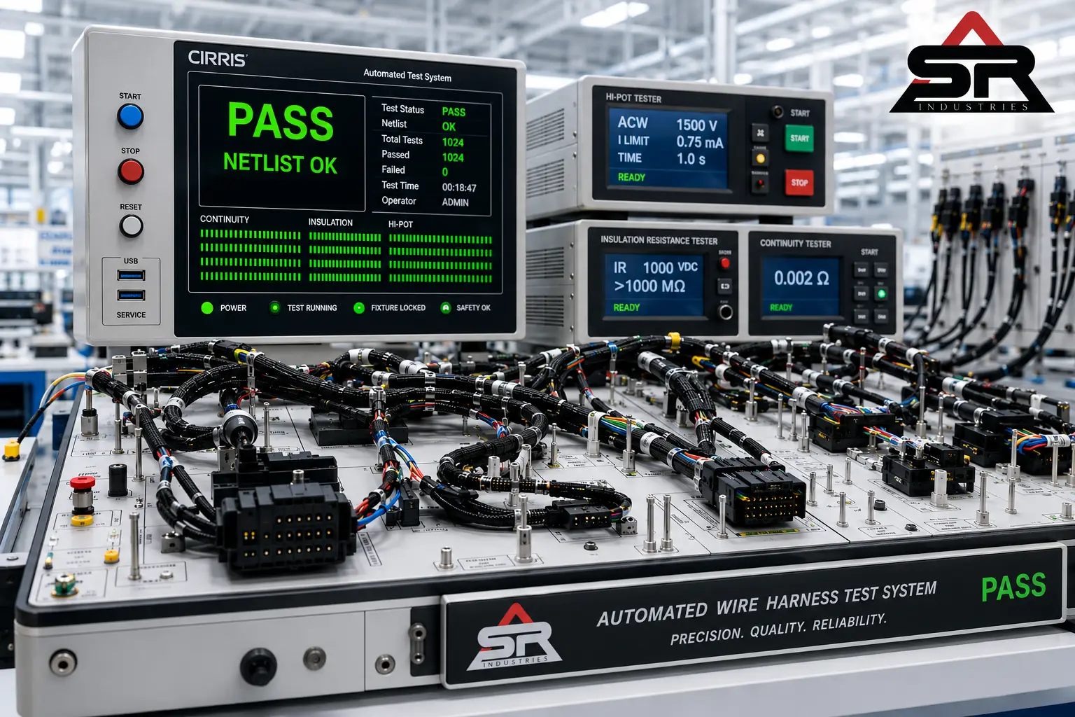 Automated wire harness testing board with multiple multi-pin connectors plugged into test fixtures for automated netlist verification in an electronics assembly facility.